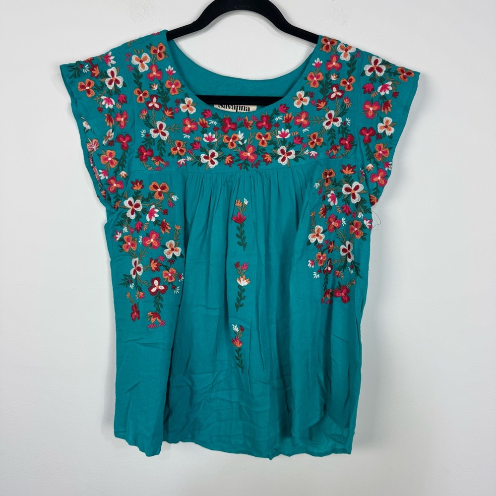 Savanna Jane Teal Embroidered Cap Sleeve Top Blouse Boho Trendy